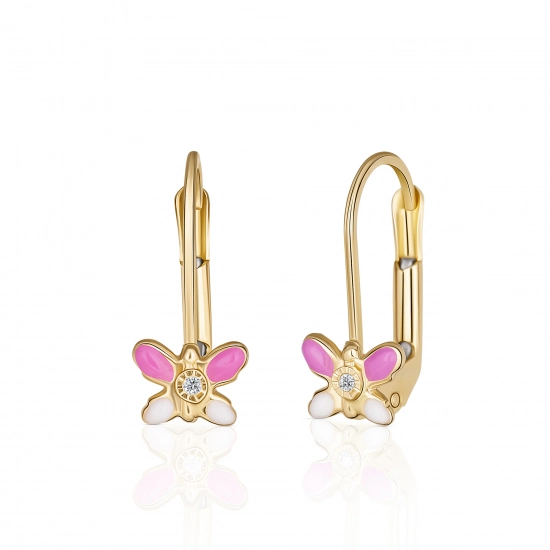 Cercei cu Tortite pentru Copii din Aur Galben de 18K  cu Diamante de 0.05ct si Fluture