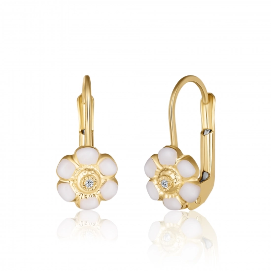 Cercei cu Tortite pentru Copii din Aur Galben de 18K  cu Diamante de 0.05ct, Floare