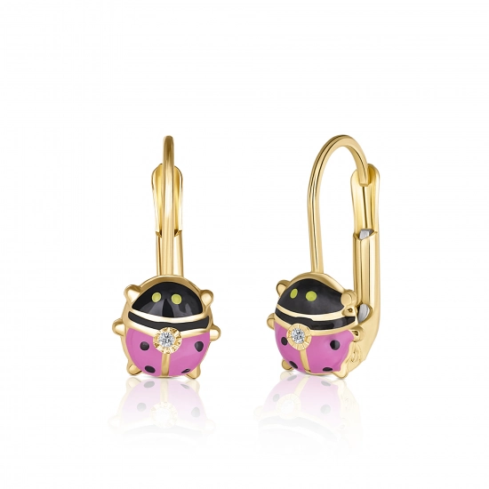 Cercei cu Tortite pentru Copii din Aur Galben de 18K cu Diamante de 0.05ct, Buburuza