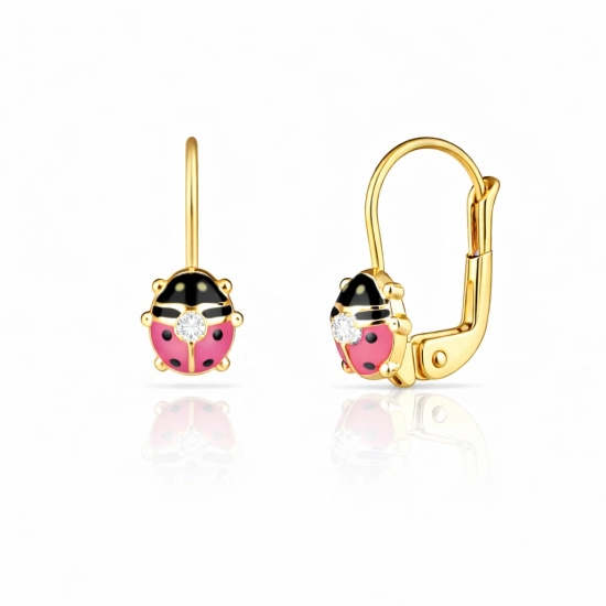 Cercei cu Tortite pentru Copii din Aur Galben de 18K cu Diamante de 0.05ct, Buburuza