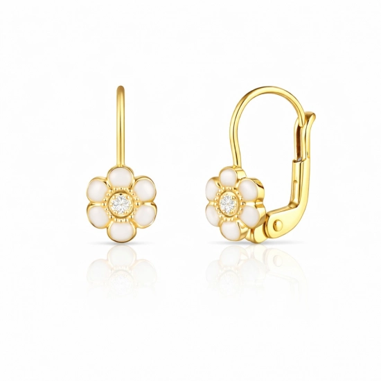 Cercei cu Tortite pentru Copii din Aur Galben de 18K  cu Diamante de 0.05ct, Floare