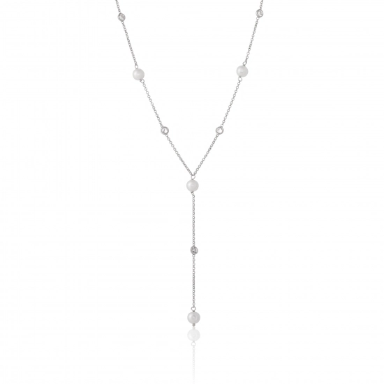 Colier din Aur Alb de 14K cu Perle Naturale si Zirconia