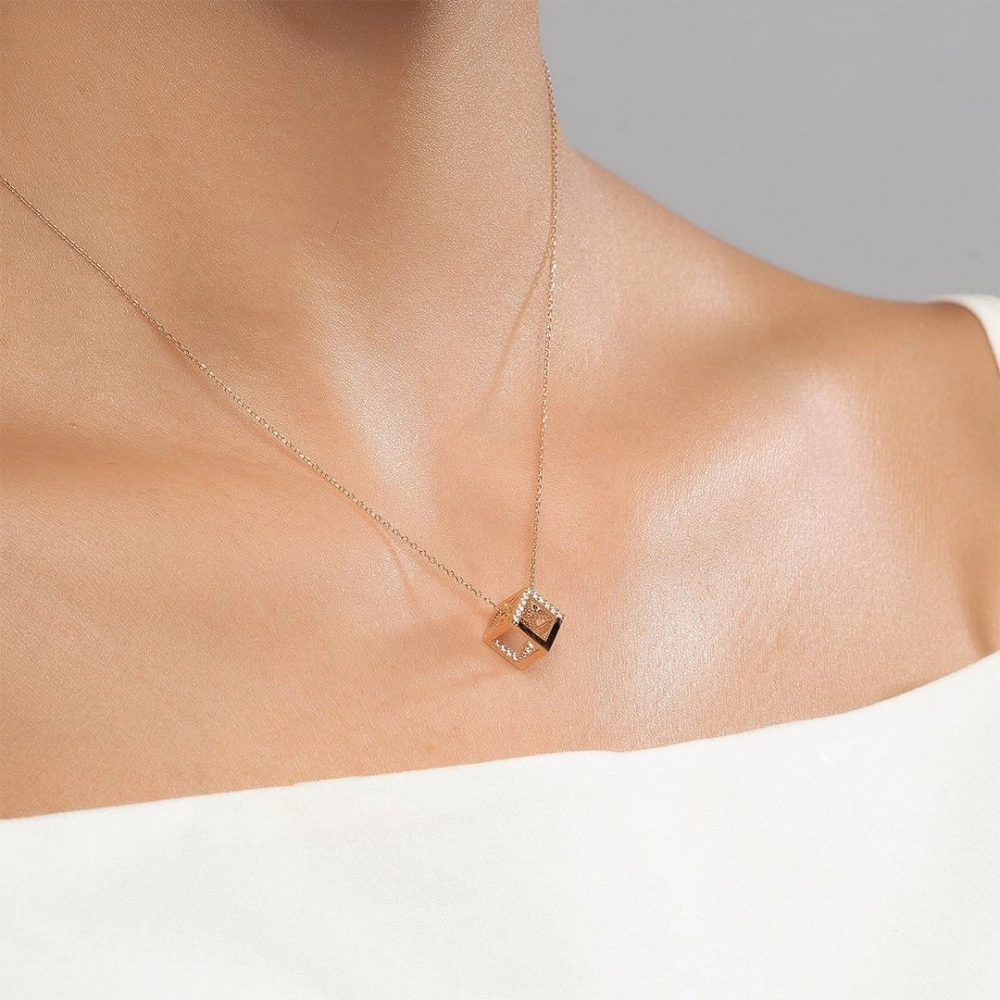 Colier din Aur Roz de 14 Kt cu Cub si Pietre Zirconia  Sandra Ferretti