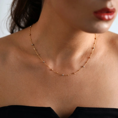 Colier din aur galben, alb, roz de 14K cu bile si lant diamantat