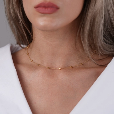 Colier din aur galben de 14K cu bile si lant diamantat