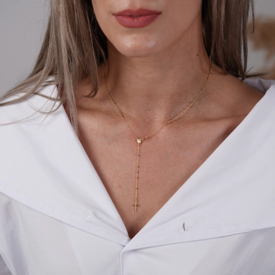Rozariu 42 cm din Aur Galben de 14K cu Bile si Lant Diamantat