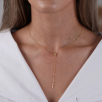Rozariu 42 cm din Aur Galben de 14K cu Bile Diamantate si Lant Diamantat