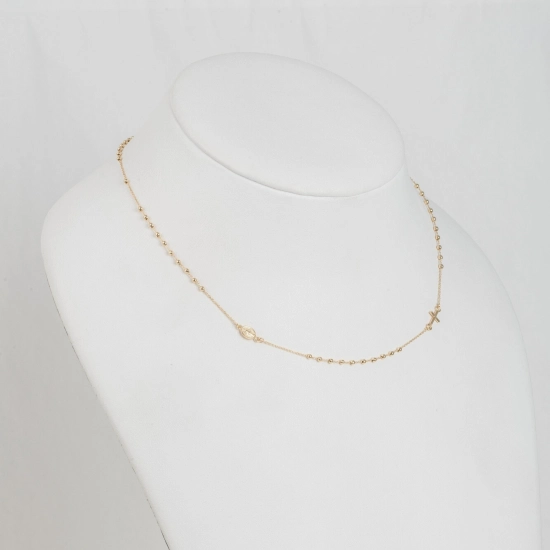 Rozariu din aur galben de 14K  la baza gatului cu cruce si lant diamantat