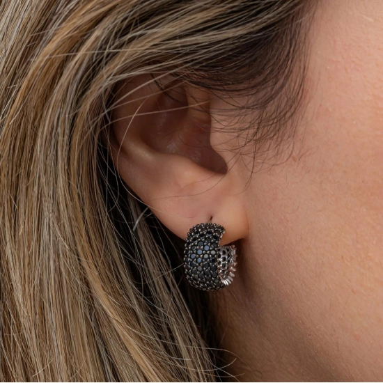 Cercei Eternity din Argint 925  Placati cu Rodiu și Cinci Randuri Pietre Cubic Zirconia Negre