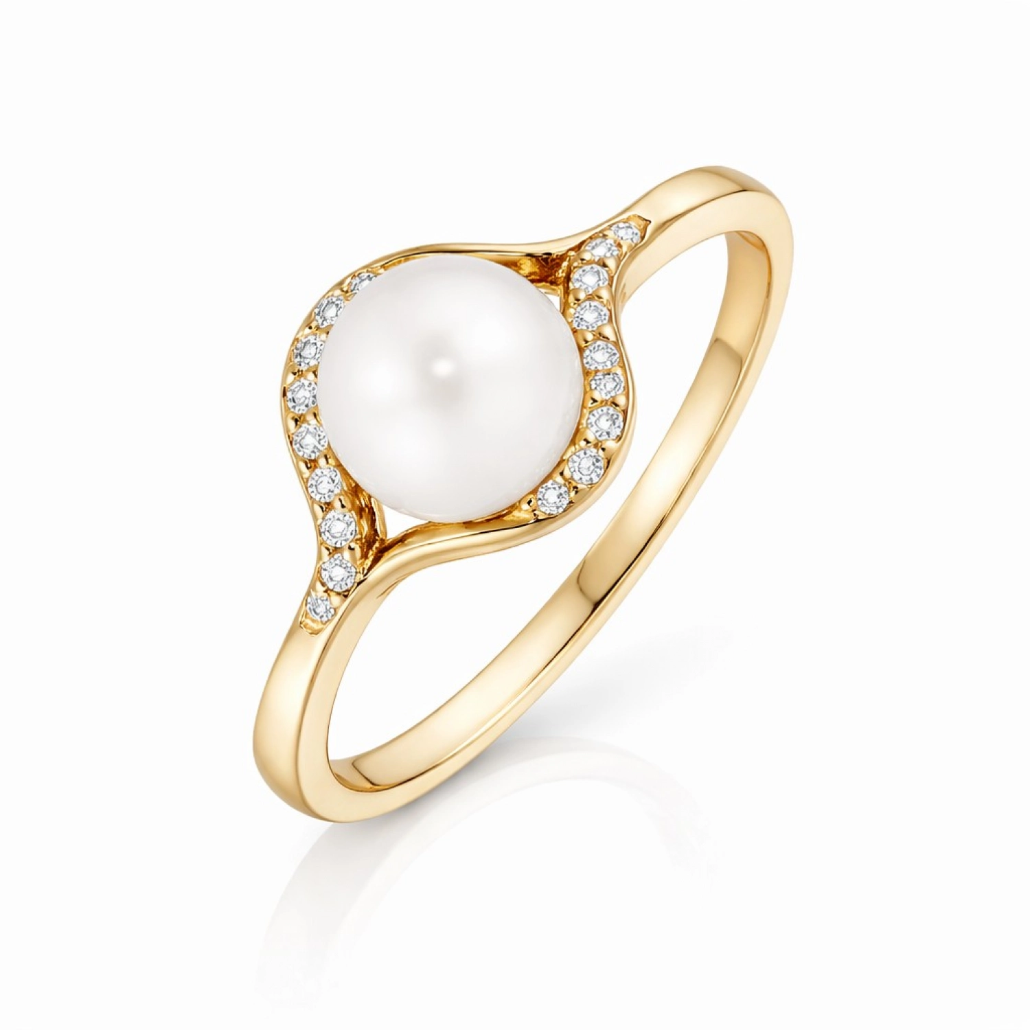 inel aur galben 14k cu perla naturala purtat pe deget dama