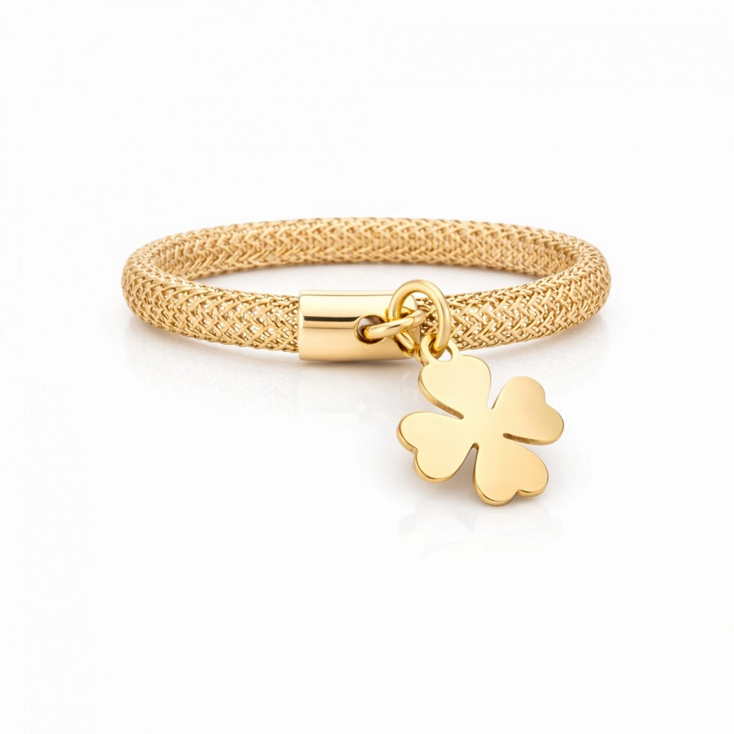 detaliu trifoi inel aur galben 14k model elastic simbol noroc