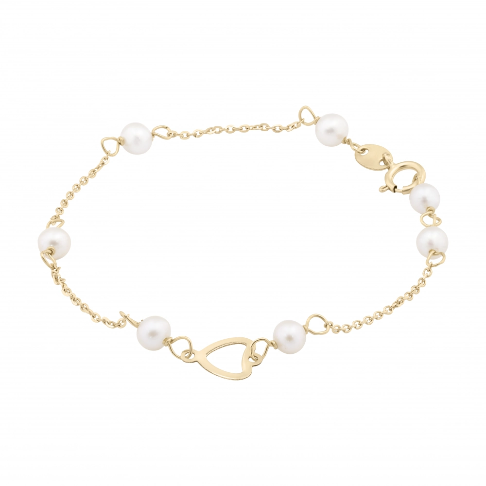 Bratara cu Perle Naturale si Inima Pentru Copii din Aur Galben 18 Kt  Sandra Ferretti Bratara cu Perle Naturale si Inima Pentru Copii din Aur Galben 18 Kt  Sandra Ferretti