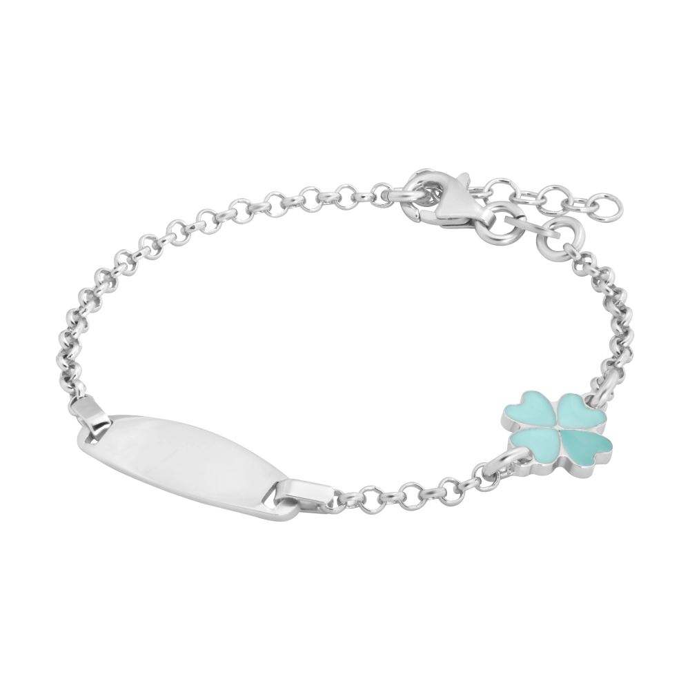 Bratara cu Placuta Pentru Copii Trifoi Turcoaz din Argint 925, Placat cu Rodiu și Email  Sandra Ferretti