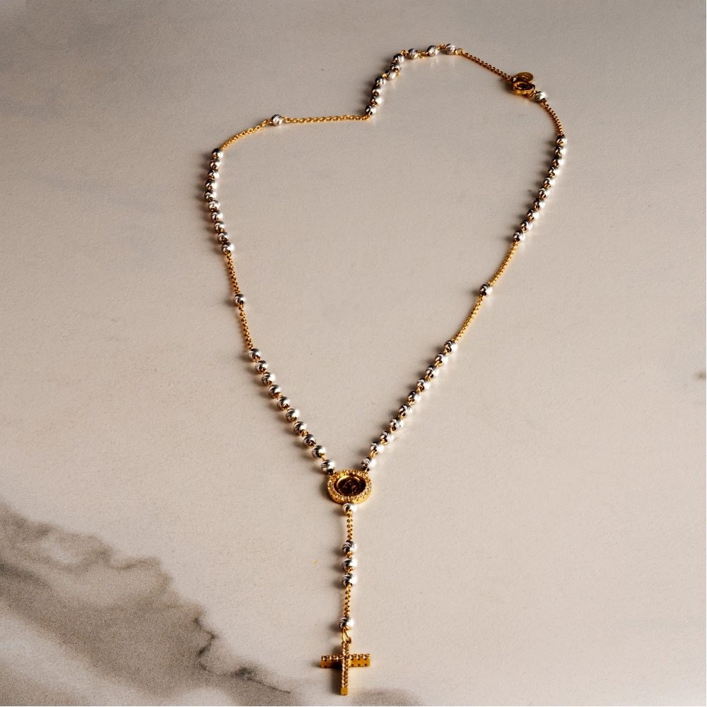 Colier Rozariu din Aur Alb si Galben de 18 Kt cu Bile Diamantate si Pietre Zirconia  Sandra Ferretti