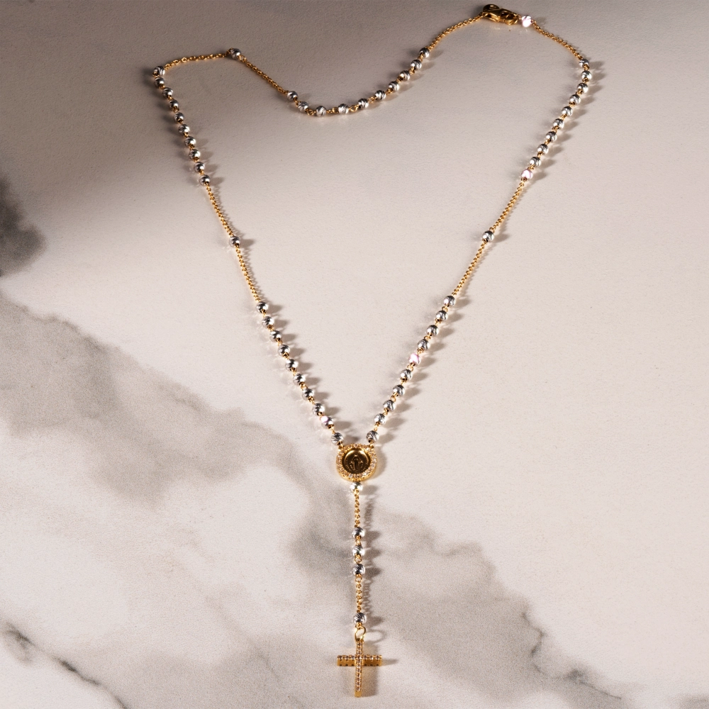 Colier Rozariu din Aur Alb si Galben de 18 Kt cu Bilute Diamantate si Pietre Zirconia  Sandra Ferretti