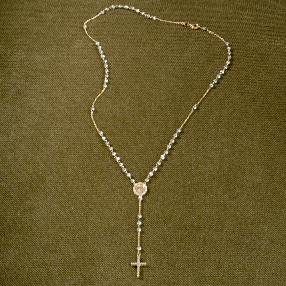 Colier Rozariu din Aur Alb si Galben de 18 Kt cu Bilute Diamantate si Pietre Zirconia  Sandra Ferretti